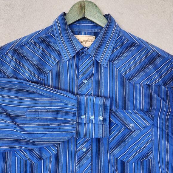 Wrangler Shirt Mens Western Blue‎ Silver Thread Pearl Snap Shirt XL Long Sleeve - Picture 1 of 7